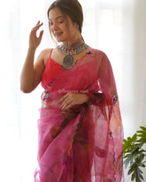 Pink Cutwork And Gotapatti Work Pure Organza Silk Saree